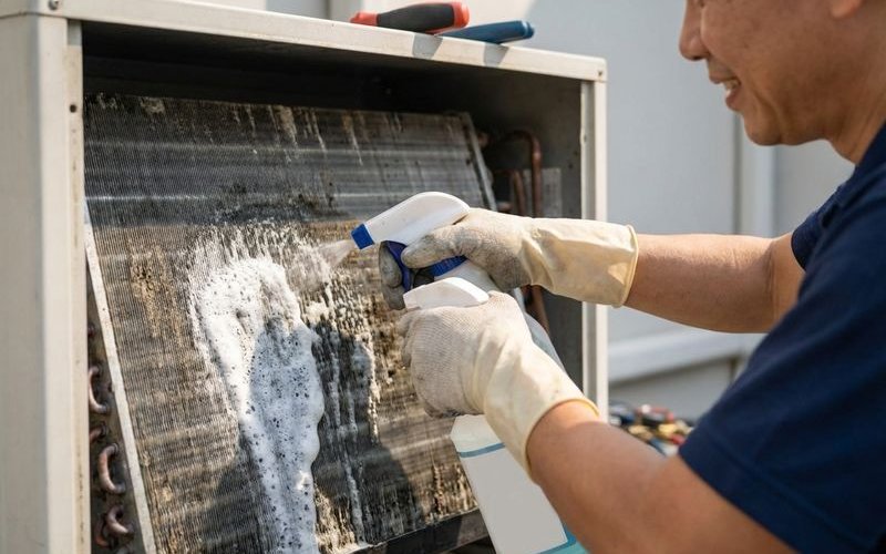 Chemical wash deep cleaning showing coils being treated with professional solution