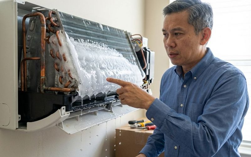 Frozen evaporator coil with ice buildup