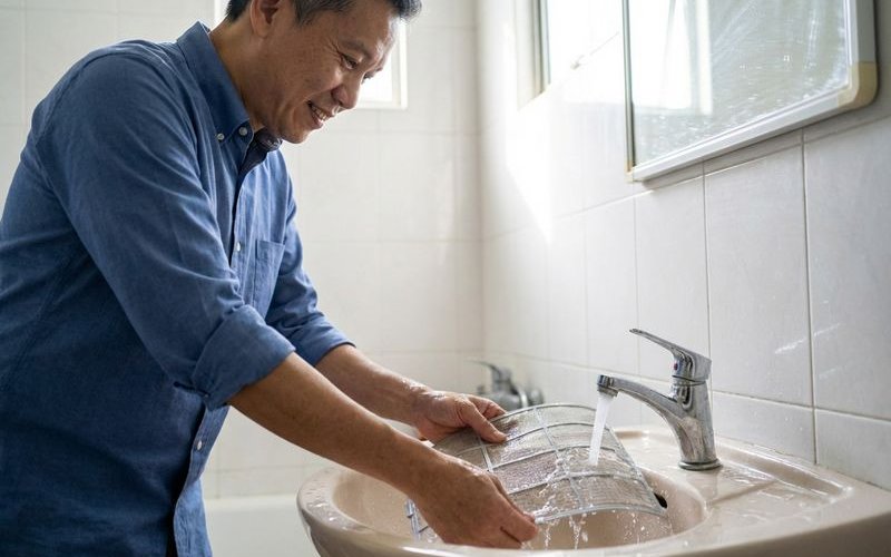 Homeowner cleaning aircond filter at home