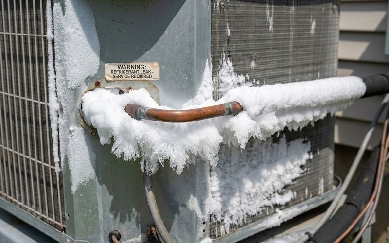 Ice buildup on refrigerant pipe from gas leak