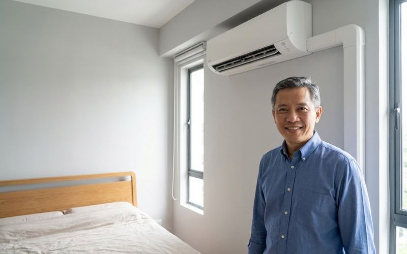 Professional installation of new Daikin wall mounted aircond in Malaysian master bedroom