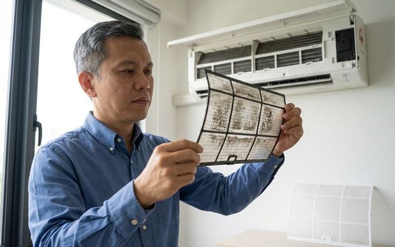 Homeowner removing and checking aircond filter for cleaning