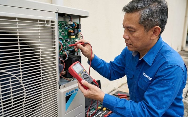 Technician checking Daikin outdoor unit components