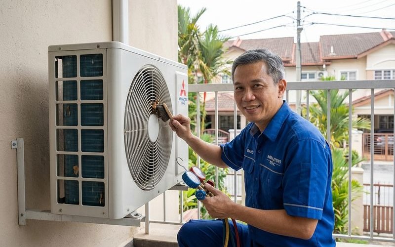 Outdoor compressor unit being inspected by technician
