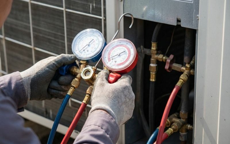 Technician properly checking refrigerant pressure levels