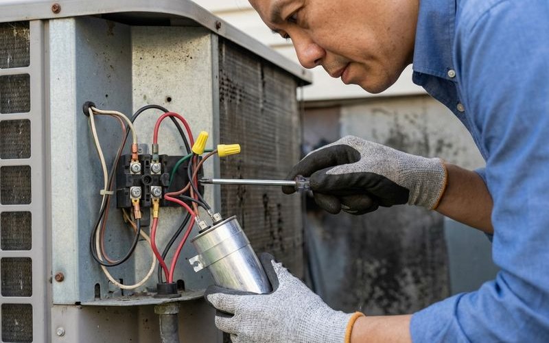 Technician replacing faulty capacitor in aircond unit