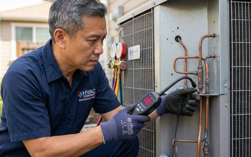 Technician using leak detector on aircond