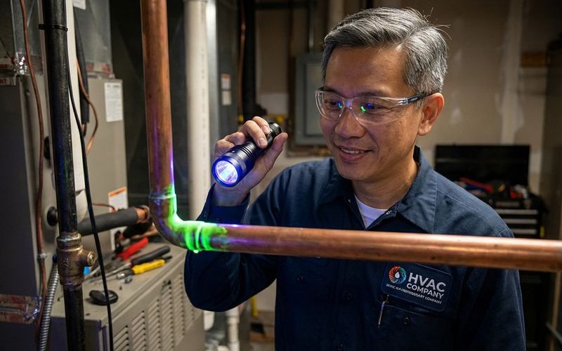 Technician performing leak detection test on aircond copper piping connections