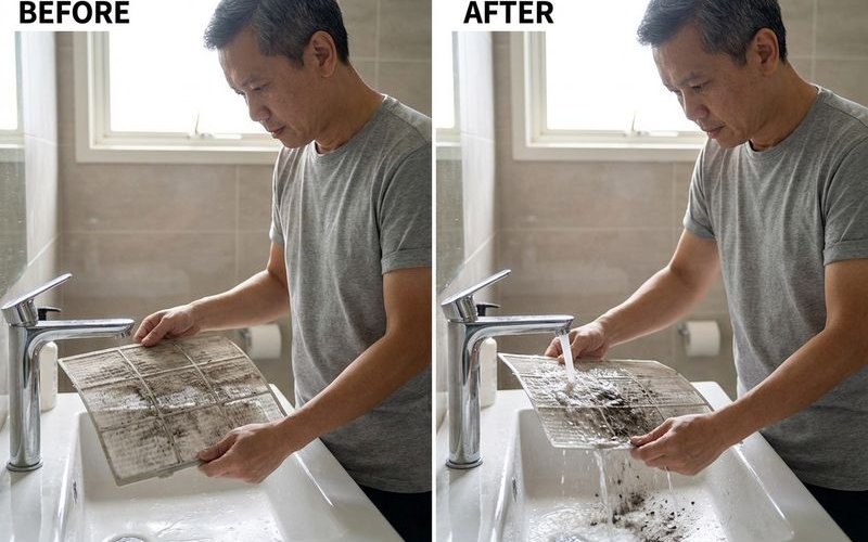 Washing aircond filter under running water