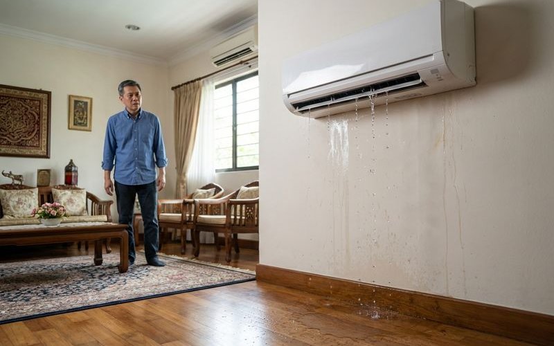 Water dripping from aircond indoor unit onto wall